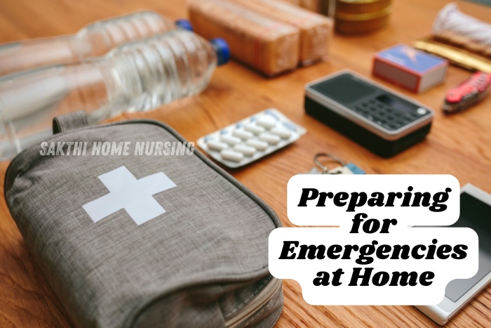 Emergency First Aid Kit and Essentials for Home Safety and home emergency preparedness supported by Sakthi Home Nursing in Coimbatore.