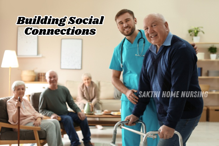 Elderly Patient Socializing with Support from Home Nurse social environment provided by Sakthi Home Nursing in Coimbatore