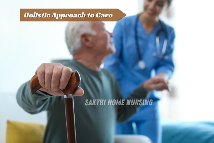 Senior Receiving Holistic Home Care from Nurse reflecting the compassionate and holistic care approach provided by Sakthi Home Nursing in Coimbatore