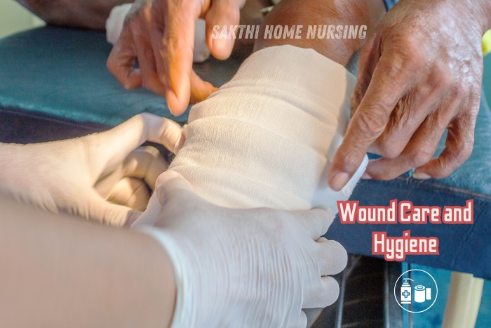 Home Nurse providing professional wound care and hygiene for an elderly patient by Sakthi Home Nursing in Coimbatore