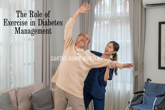 Home nurse guiding a senior man through stretching exercises for diabetic care—Sakthi Home Nursing in Coimbatore