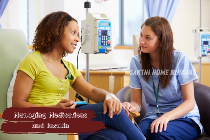 Nurse assisting a young woman with insulin management during home care — Sakthi Home Nursing in Coimbatore
