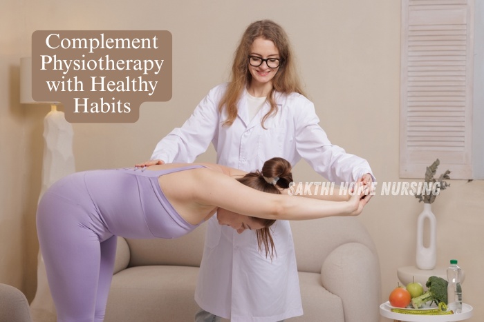 Young woman doing home physiotherapy stretch with professional guidance—Sakthi Home Nursing in Coimbatore