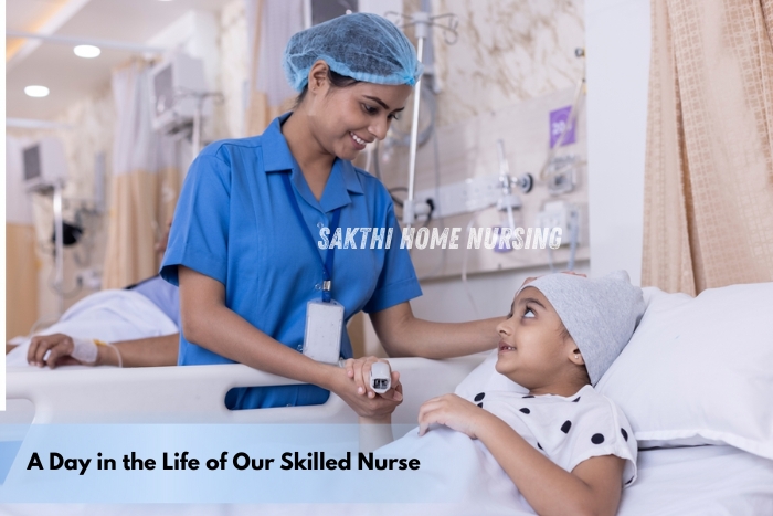 A caring nurse from Sakthi Home Nursing in Coimbatore attending to a young child in a hospital bed