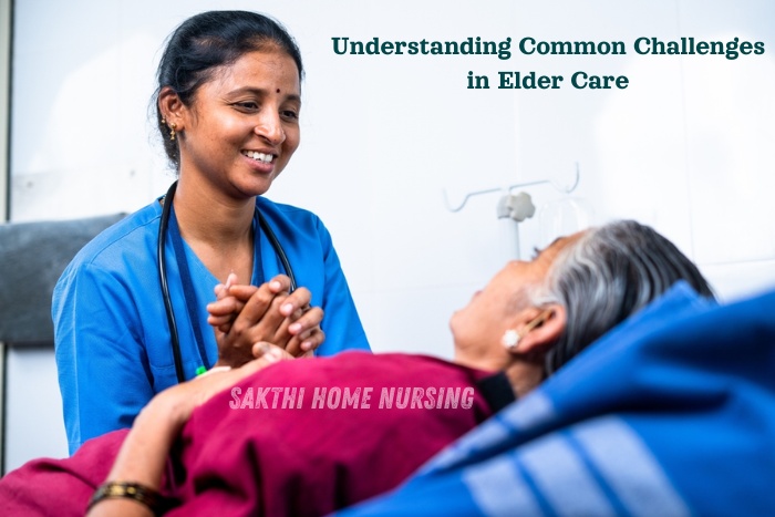 A compassionate nurse from Sakthi Home Nursing in Coimbatore holding hands with a senior woman in bed