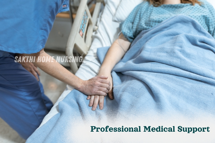 Sakthi Home Nursing in Coimbatore offering professional medical support at home, compassionate nurse holding a patient’s hand
