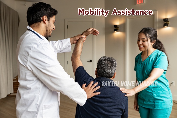 Physiotherapist from Sakthi Home Nursing in Coimbatore helping a bedridden care with mobility assistance exercises at home