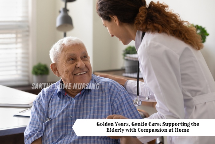 Smiling elderly man receiving compassionate Home Care from a female doctor, supported by Sakthi Home Nursing in Coimbatore
