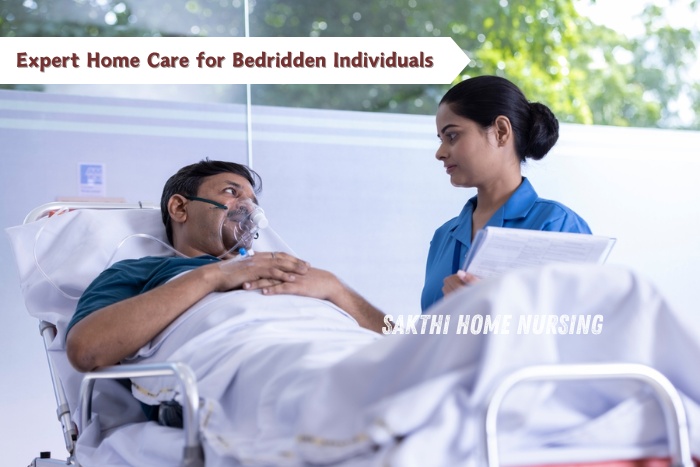 Trained nurse from Sakthi Home Nursing in Coimbatore providing expert bedridden care at home for a patient with oxygen support