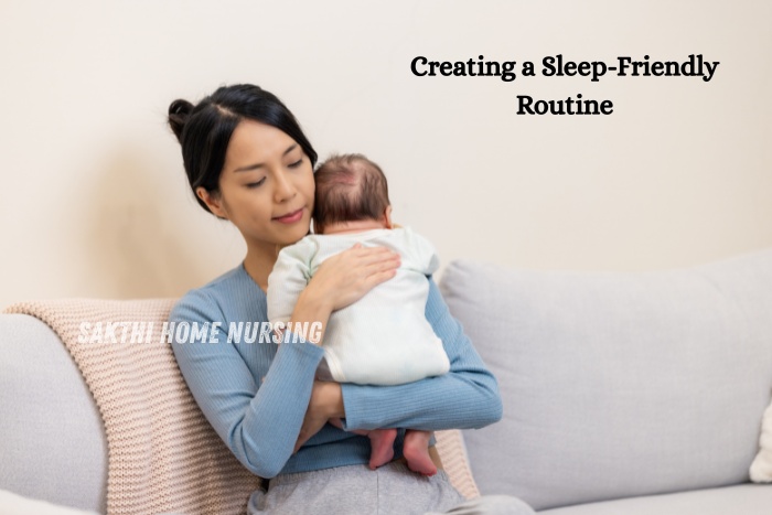 A caring professional from Sakthi Home Nursing in Coimbatore gently comforting a baby on her shoulder, a peaceful sleep-friendly routine