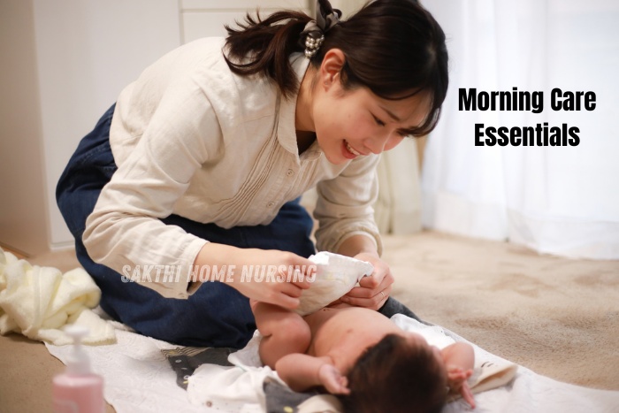 Caregiver from Sakthi Home Nursing in Coimbatore gently providing morning baby care by changing a newborn’s diaper in a warm home environment