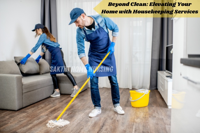Professional housekeeping team from Sakthi Home Nursing in Coimbatore mopping and cleaning a modern living room