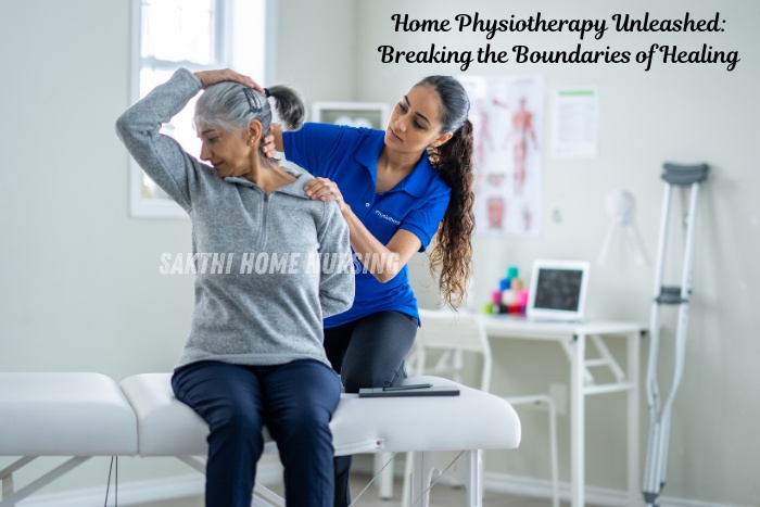 Sakthi Home Nursing in Coimbatore providing gentle neck and shoulder therapy to an elderly woman during a home physiotherapy session