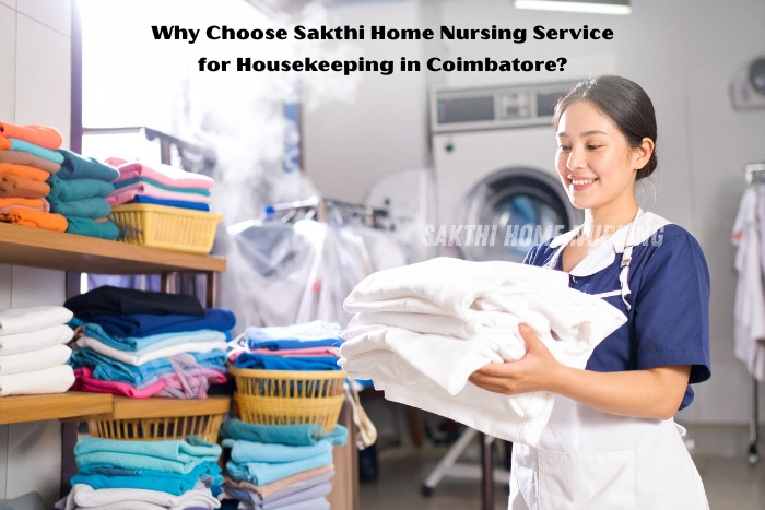 Smiling female staff folding laundry in a clean home environment – Sakthi Home Nursing provides trusted housekeeping and laundry services