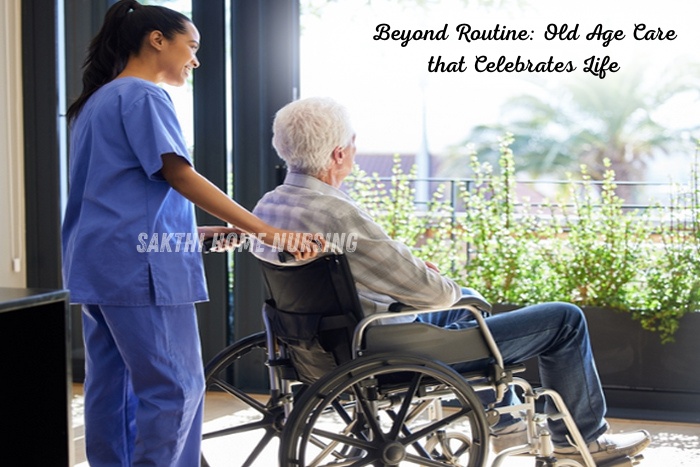Compassionate female caregiver from Sakthi Home Nursing in Coimbatore assisting an elderly man in a wheelchair